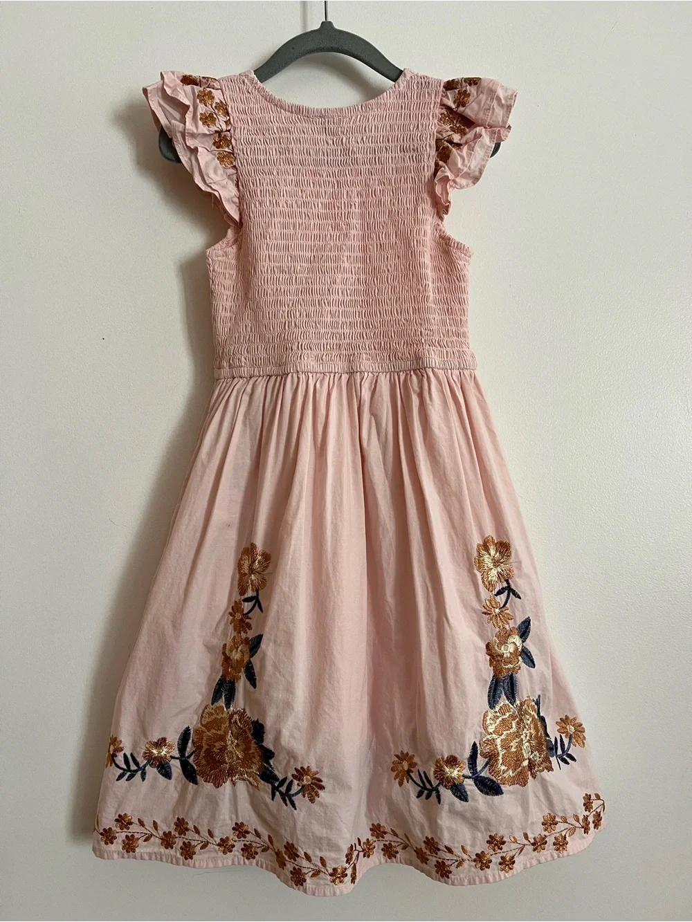 Smocked Blush Pink Floral Embroidered Girls' Party Dress